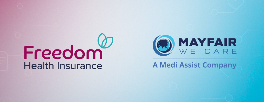 Freedom Health Insurance logo side by side with Mayfair We Care logo promoting their new partnership