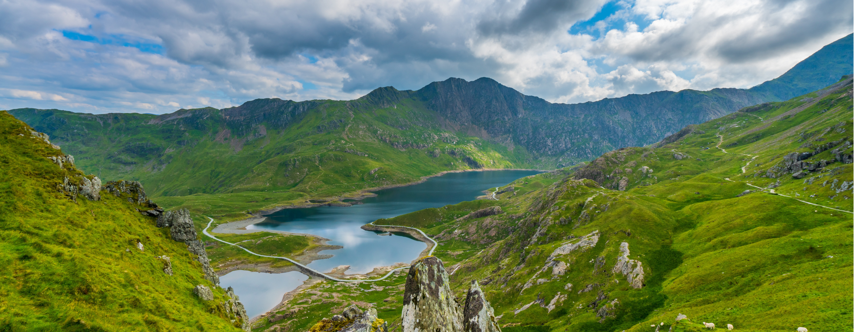 View of the Welsh countryside and lake near Snowdon, with rolling hills, a cloudy sky, and a village nestled in the valley below.