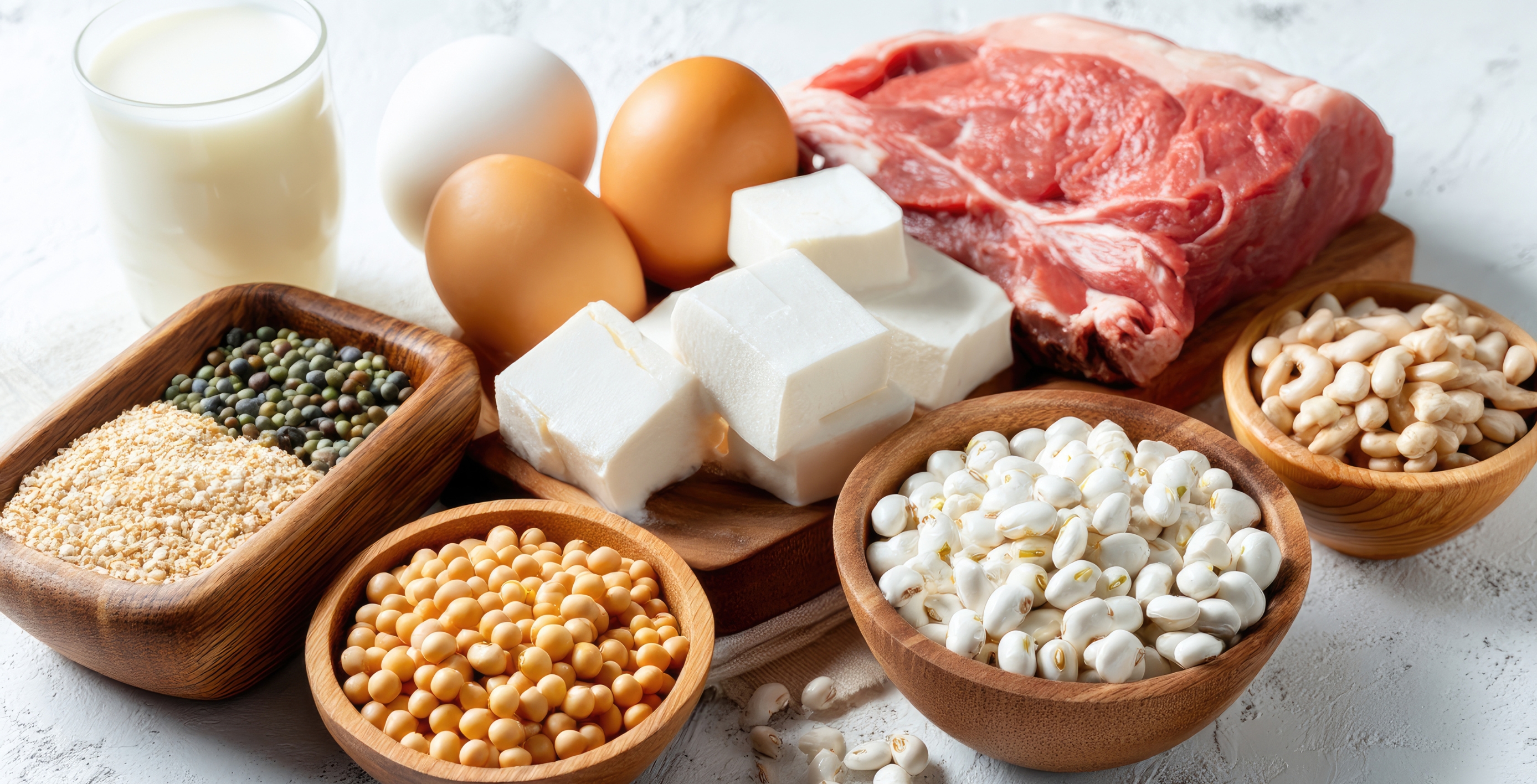 A variety of high-protein foods including milk, eggs, tofu, raw meat, lentils, beans, soybeans, and grains arranged on a light surface.
