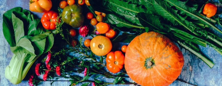 Fresh Autumn Fruits And Vegetables Pumpkin Tomato Green Leaves Flowers Peppers Health Benefits Diet